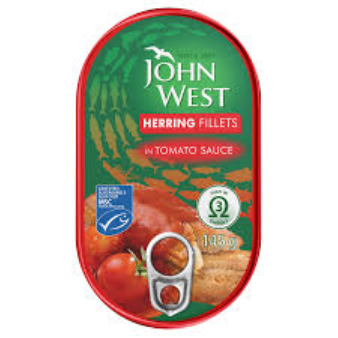 JOHN WEST HERRING FILLETS IN TOMATO SAUCE 145G
